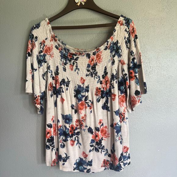 Cream Blue Pink Size XL Rewind Y2K Smocked Off The Shoulder Floral Print Top - Picture 1 of 7
